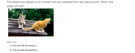 Two kittens are placed on an inclined roof and released from rest (see picture). Which one slides off first? Select one: A. T