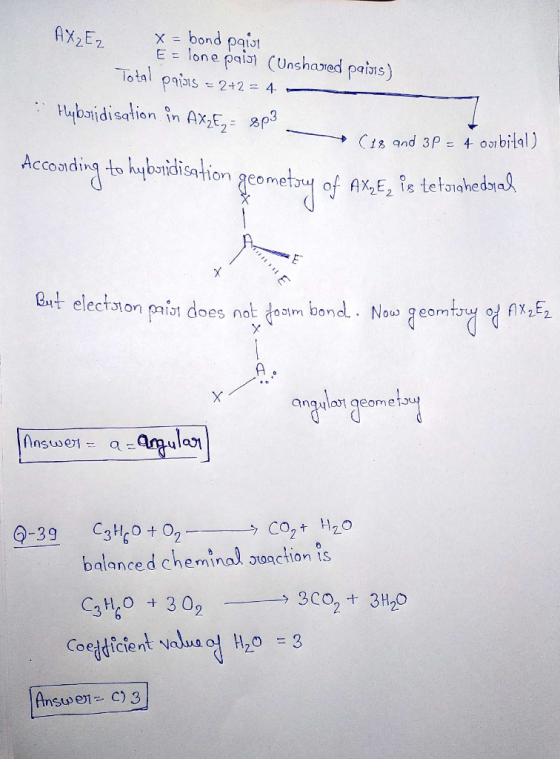 AX2E2 x bond paiot E = lone paiat CUnshared paiss) Total pais 2+2= 4 Hybaidisation in AxE,8p3 C18 and 3P 4 oobital) Accoding