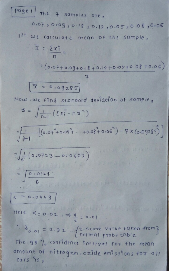 1 page 1 The 7 samples are, 0.07, 0.09, 0.18 ,0.12,0.05,0.08,0.06 ist we calculate mean of the sample, - Exi n (0.07+0.09+0.1