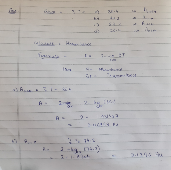 Ans Given - % T = a) bi) ( d.) 85.4 74.2 57.2 26.4 or or an or 1.05M Anm- A 6.2M Aasm Calculate & Absurbance foumula = = A= 2
