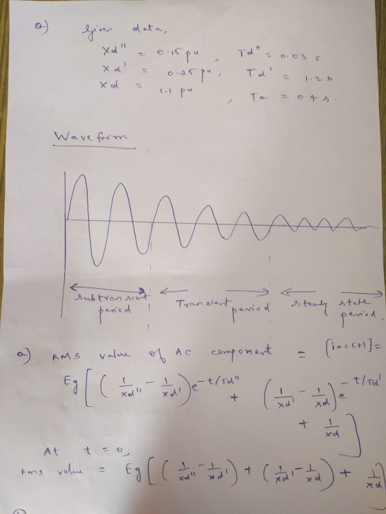 o Given data Xd = 0.15pu. xd = 0.25pu, x = inpu Td = 0.03s Tal = 1.nn To = o.s. . Wave form sub transient period Transient s