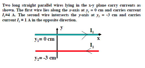 Two long straight parallel wires lying in the x-y plane carry currents as shown. The first wire lies along the x-axis at y, -0 cm and carries current 1,F4 A. The second wire intersects the y-axis at y, - -3 cm and carries current I21 A in the opposite direction. yi- 0 cm I, v,--3cm