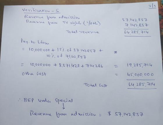 verification as Revenue from admission Revenne from TV rights t Y8th) 57.142857 7142857 64.285,714 Total revenue pay. to Liam