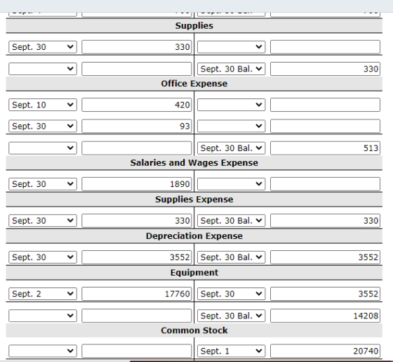 Supplies Sept. 30 330 330 Sept. 30 Bal. Office Expense Sept. 10 420 Sept. 30 93 513 Sept. 30 Bal. Salaries and Wages Expense