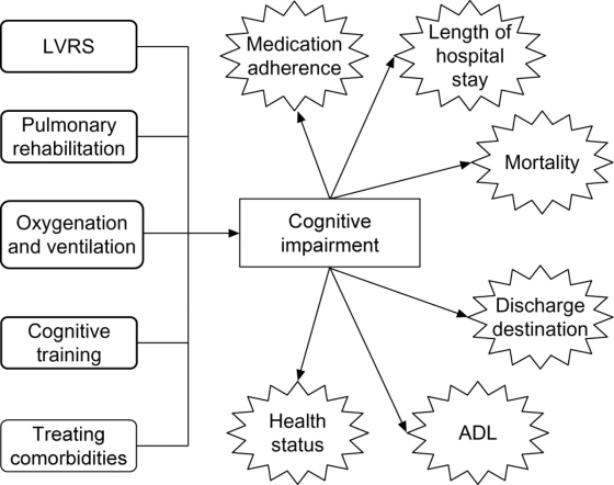 LVRS Medication Zadherence Length of 4 hospital stay Pulmonary rehabilitation Mortality Oxygenation and ventilation Cognitive