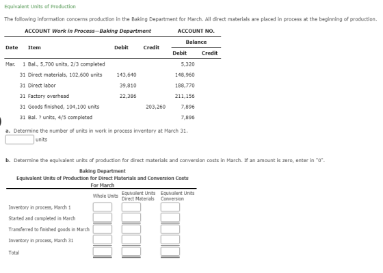 Equivalent Units of Production The following information concerns production in the Baking Department for March. All direct m