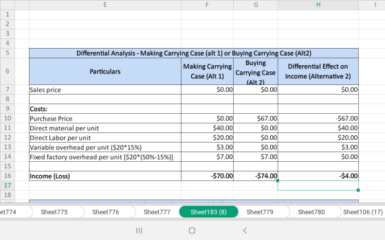Differential Analysis - Making Carrying Case (alt 1) or Buying Carrying Case (Alt2) Making Carrying Buying Differential Effec