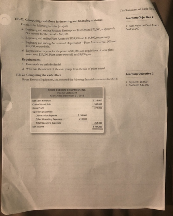 The Statement of Cash Flora Learning Objective 2 EB-22 Computing cash flows for i Consider the following facts for Java Jolt