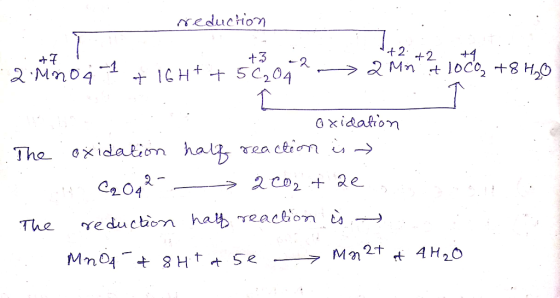- reduction + 7 +3 +2 +2 2 +4 2.Mno a 1 + 16H+ + 56.04 > 2 Mn it loco +8HO. T : The A The - oxidation oxidation half reaction