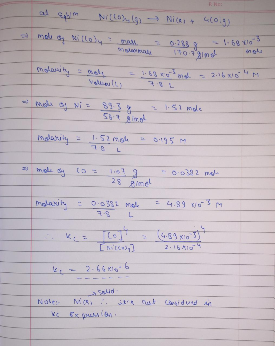 P. No: at cohlm Niccoly (a Nice) + 4600g) 2 mole of MiClody = - mass = molarman Molarmall 0.288 g - 170.7 gimo 1.68 Xlot mole