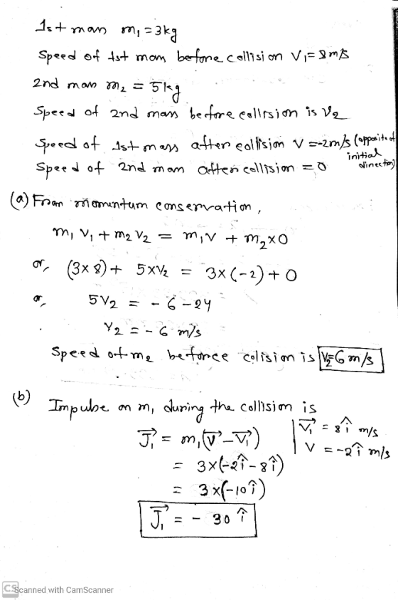 1st man mi = 3kg Speed of ist man before collision V=8m/ 2nd man m2 = = 5kg Speed of and mass before collision is ve speed of