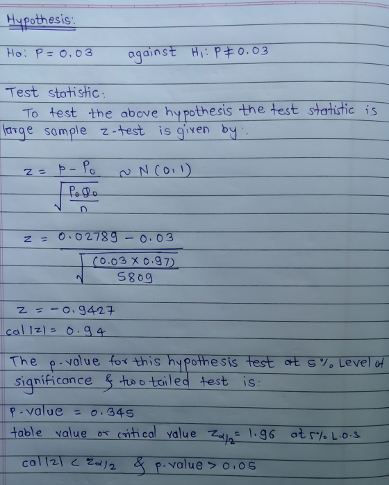 Hypothesis: Ho: P = 0,03 against Hi: P+0.03 Test statistic: To test the above hypothesis the test statistic is large sample z