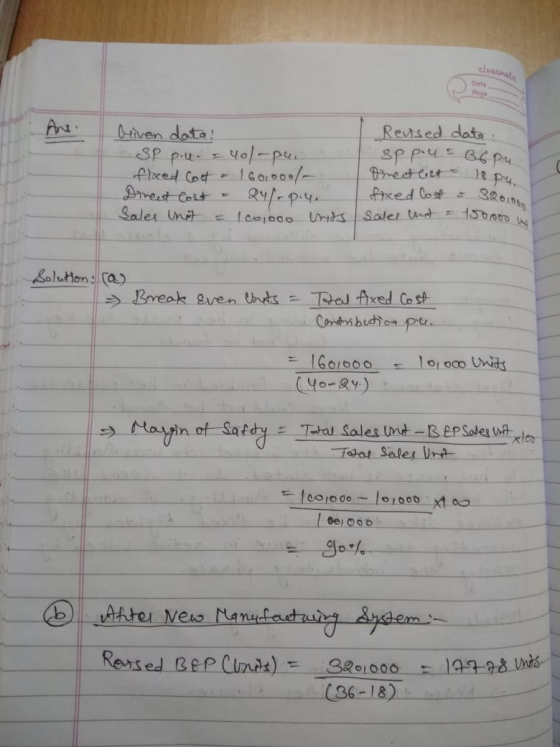 Griven data! SP p.u. yol-pur Revised data spp.us & Bopu Onect bet 18 pu. fleed Coot & 1 60,1000/- Direet Cost 24/p.y. Sales t