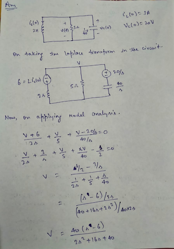 (0) = 3A Velo)=200 ult) 50 e vc (0) on taking the laplane in the circuit transform 2013 6 = Lillo) ( & Sn 21 & Now, on applyi