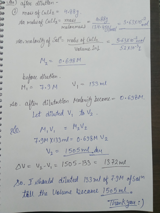 po ceh) after dilutlen - maw of Call2 = 4088g. so males of Cully-mass = c.889 3063x102 malarmas 134 · 45g/mal Al. molarity of