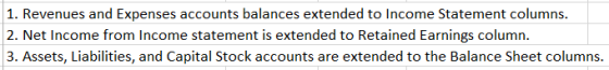 1. Revenues and Expenses accounts balances extended to Income Statement columns 2. Net Income from Income statement is extend