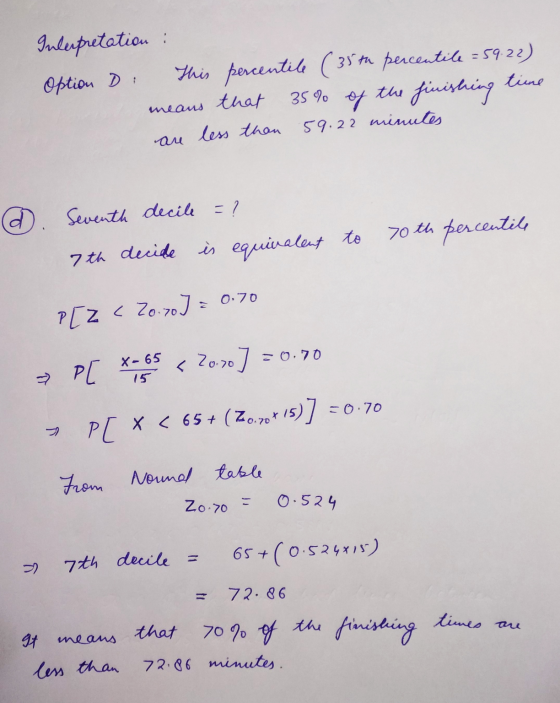 Inlerpretation : Option D: time This percentile (35th percentile = 59.22) that the finishing less than 59.22 minutes 35% of m
