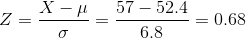 Z = \frac{X-\mu}{\sigma}=\frac{57-52.4}{6.8} = 0.68