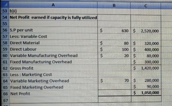 B o $ 630 $ 2,520,000 А 53 b)i) 54 Net Profit earned if capacity is fully utilized 55 56 S.P per unit 57 Less: Variable Cost