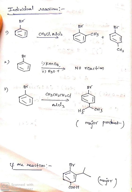 Individual reaolions- BY BY Br CH3cl, Alds CH3 CH3 BY KHn04 NO Tcaction i 30t BY 3) CH3 CH2CH2ch22 alcs ma jor podt ane eactt