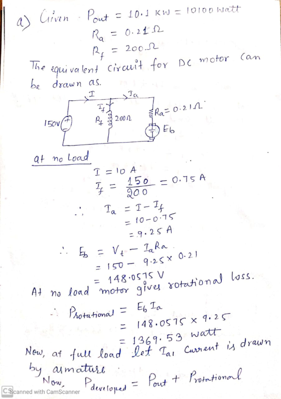 Ra The be T Ta If Razo Ra=0.21 20012 At no load motor gives rotational loss. Given Pout = 10.1 kW = 10100 Watt = 0.211 RA = 2