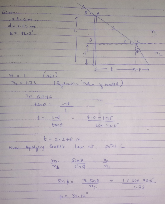 e Given... = 4:a.m. de 1.95m. 1 0.= 42.0... ni B e d M2 K tt ЖЕР — (air) (Refractive 2 = 1.33 inden q water) an BABC tano = L