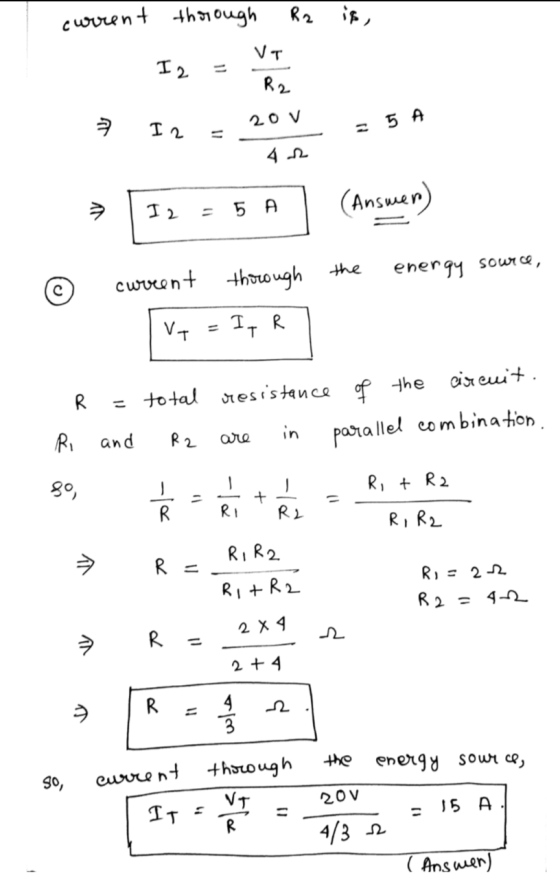 current through R2 is, VT I 2 R2 ㅋ 20v I 2 = 5 A 12 41 I 2 5 A (Answer) the source, energy cureent thorough VI It R R total r