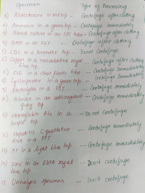 Centrifuge Immediately onne in a green top - Specimen Type of Processing 1) Aldosterone in red top - Centrifuge after clothin