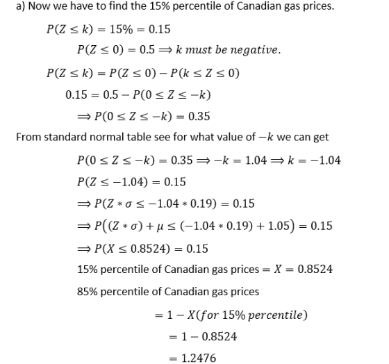 a) Now we have to find the 15% percentile of Canadian gas prices. P(Z k) = 15% = 0.15 P(Z s 0) 0.5k must be negative 0.15 0.5