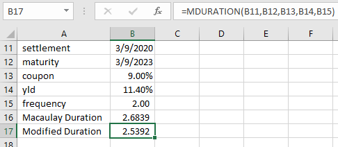 B17 X fac =MDURATION(B11, B12,113,B14,815) C DE F D 11 settlement 12 maturity 13 coupon 14 yld 15 frequency 16 Macaulay Durat