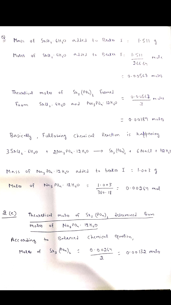 at Mass of Srila, 6H₂O added to Boke I : 1511 g Moles of Sau, . 66,0 added to Beaker I. 1.511 96664 = 0.00567 males Theoretic