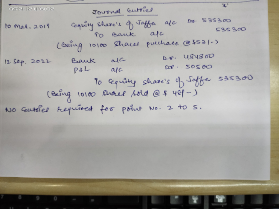 8S:ZL LZLLOLOZ 535 300 Journal Entries 10 mar. 2018 equity shares of Jaffa alc Do. 535300 TO Bank apc (Being 10100 Shares p