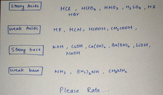strong Acids Hce, Haou, HNO3, H₂SO4 , HI HBY Tweak Acids / HF, HCN, HCOOH, CH₃COOH, Strong base KOH, CSOH , Ca(OH), , Ba(OH)2