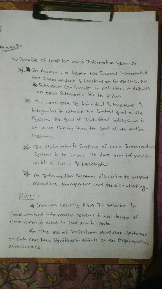 Answers 1) Benefits of Computer based Information Systems Ant In General, a system has Seneral interrelated and Interdependen
