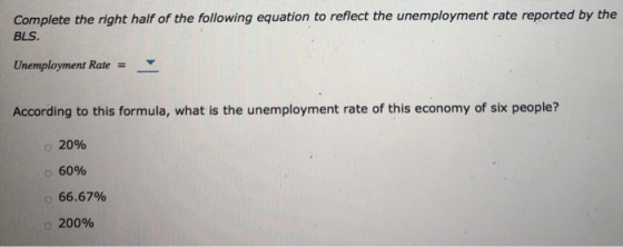 Complete the right half of the following equation to reflect the unemployment rate reported by the BLS. Unemployment Rate = A
