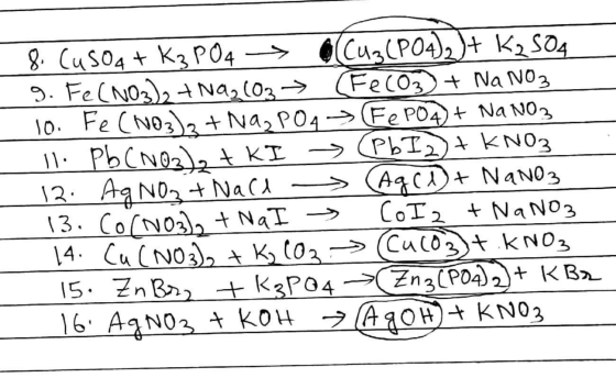 8. CuSO4 + K₃PO4 → Cu3(PO4)2+ K₂SO4 9. Fe(NO3)2 + Naz (03 → (FeCO3 + Na NO3 10. Fe(NO3)2 + Na₂PO4 → FePO4 + Na NO3 11. Pb(NO2