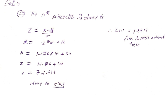 Solt The Loth *percentile is closed to on z = x-4 ci Zoil = 1,2816 from inverse normal XI z *otlu table x = 1,2896*10 +60 x