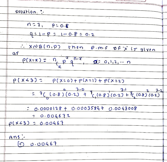solution : nati p=0.8 -4-221-0.820.2 XNB(nipo then pomir ofx is given as P(x=x) = ņ pqnt, as 0,1,2-- P( x43) = P(x=00+ P(x=17