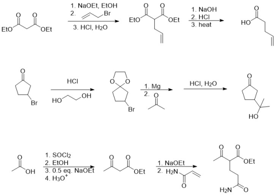 1. NaOEt, EtOH 2. 1. NaOH Вr 2. HCI EtO OEt Но 3. heat 3. НСІ, Н2О EtO OEt НС HCI, H20 1. Mg 2. O Но HO Br Br НО 1. SOCI2 OEt
