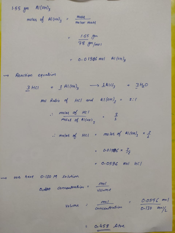 1.55 gm Al (on); moles of Al Com- man molar mal 1.55 gm 78 g/mol - 0.0 1986 mol Al(OH), Reaction equation 3 HC1 + 1 Al(OH)3