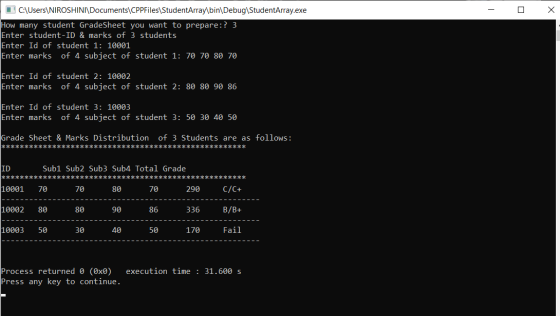 - O X C:\Users\NIROSHINI\Documents\CPPFiles\StudentArray\bin\Debug\StudentArray.exe How many student GradeSheet you want to p