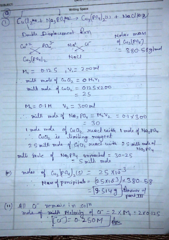 SUBJECT: - Writing Space | : Double Displacement- Molar may Nos (All emoin in sol