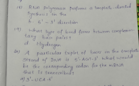 18). RNA polymerase performs a template-directed Synthesis in the b. 5-3 direction What type of bond forms between compleme