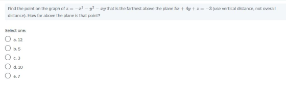 Find the point on the graph of z = -22 - y2 - ty that is the farthest above the plane 5x + 4y + z = -3 (use vertical distance