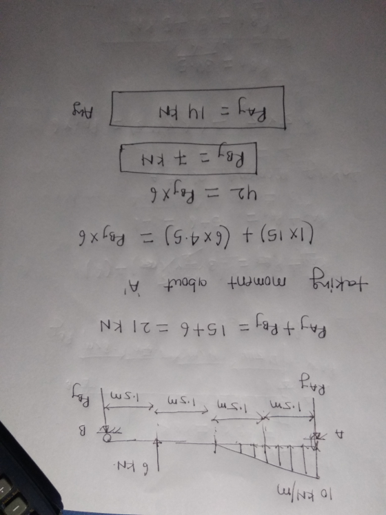 10 kN/m 6 KN B 1.5m 1.5m ws. 1.sm Rey RAY PAY +RBJ 15+6=21 KN taking moment about À (1x 15) + (6x4-5) = Pyx6 42 - Roy x 6 RBY