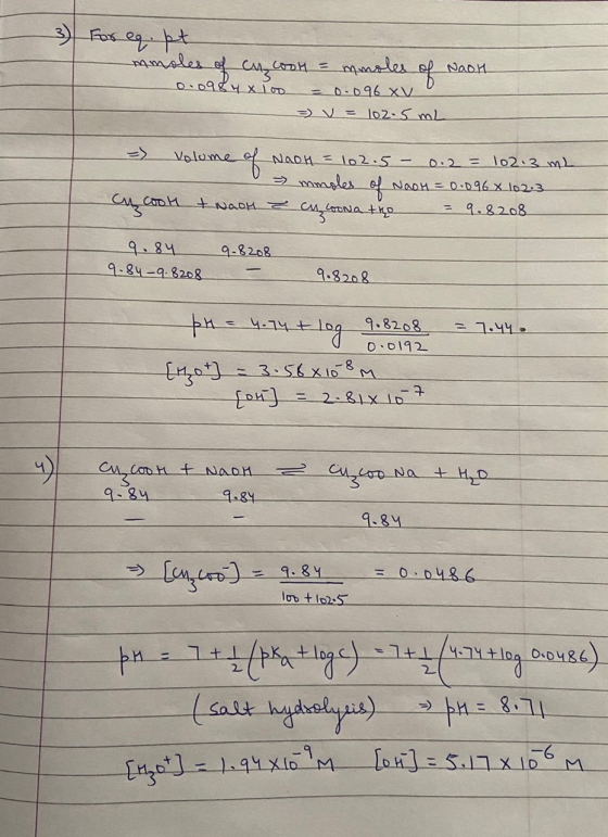 3 For eq. pt mmoles of chroom = mnoles of Nach 0.0984xloo - 0.096 XV = v= 102.5 mL = Volume of NaOH = 102.5- 0.2 = 102.3 m2 m