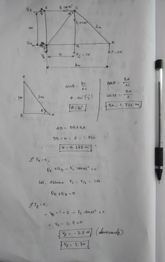Fc Los as c Finan 1m VE=2N FC = IN Ae sino Be osin ( 4 ) Cos 30 = BA 2 IBA = 1.732 m AD = DBABA DB = = 2 - 1.732 12:0. 268 m