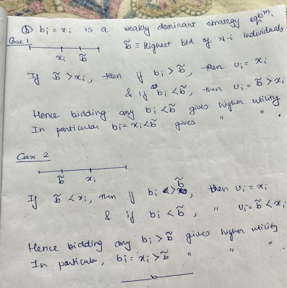 ategy egom Case ! 6 bi= x; is a weakly dominant strategy er To = Higuest bid of si indi xi ħ If I ai, then it bi > , then wie