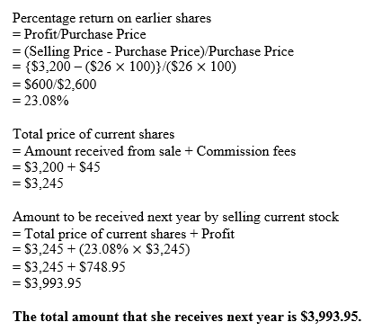 Percentage return on earlier shares = Profit/Purchase Price (Selling Price - Purchase Price)/Purchase Price = {$3,200 (S26 x