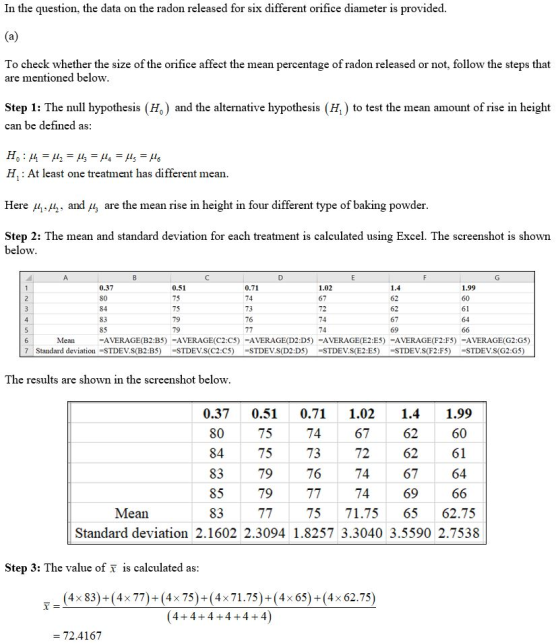 In the question, the data on the radon released for six different orifice diameter is provided. (a) To check whether the size